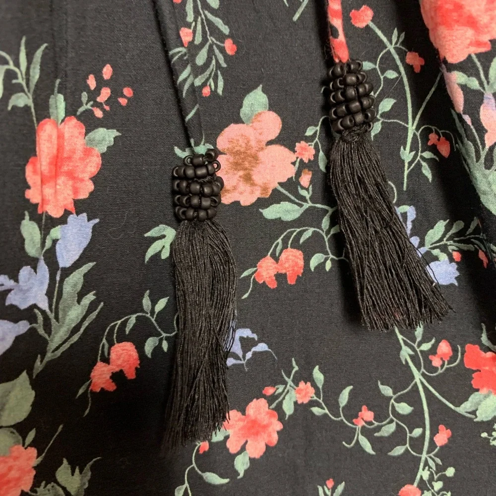 NEW Anthropologie Maeve Black Floral Peep Hole Puff Sleeve Mini Dress Size M - Picture 7 of 9